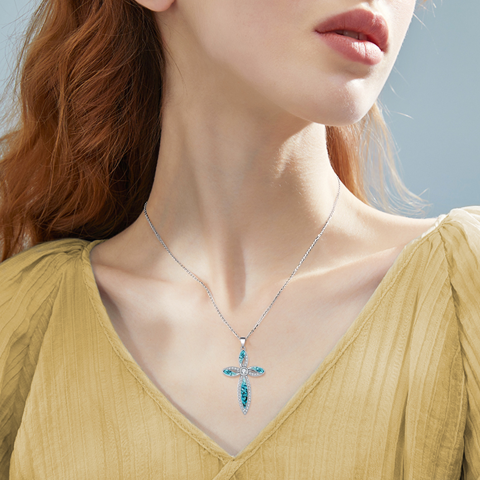 Women's 925 Sterling Silver Necklace with Turquoise Cross
